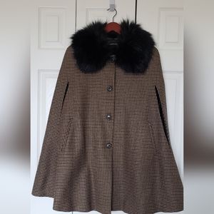 Zara Black and Brown Houndstooth Cape Coat with Faux Fur Collar